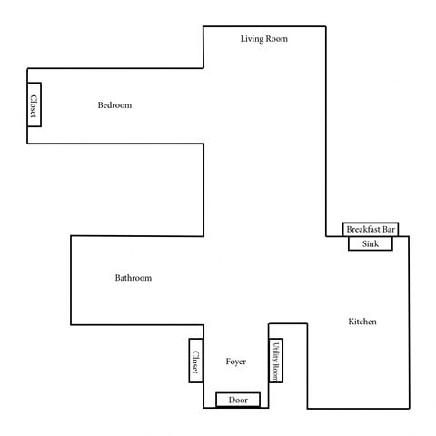 Floor plan for 1 bed, 1 bath, 851 sqft